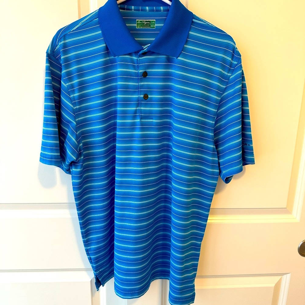 Ben Hogan performance men’s short sl. golf shirt blue/white/pink stripe sz. Lg.